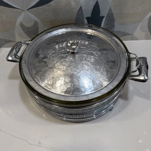 Vintage Pyrex Runde Glas Kasserolle Backform & Silber Geätzte Rose Ständer & Deckel - Bild 1 von 10