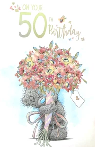 "On Your 50th Birthday" Teddy Bear Carrying Large Glitter Flower Bouquet Card - Bild 1 von 5