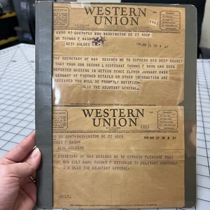 Lot of 2 - 1945 Western Union Telegrams from WWII - MIA Family Notifications, - Picture 1 of 5