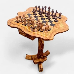 Unique Olive Wood Chess Table Set with Wooden Pieces, Handcrafted Game Table UK - Picture 1 of 10