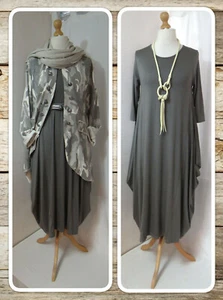 BNWT, QUIRKY LAGENLOOK, DARK TAUPE, JERSEY, BALLOON DRESS, DRAPED SIDES, OSFA - Picture 1 of 12
