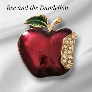 Roter Apfel verbotene Frucht Emaille und Strass goldfarbene Brosche - Bild 1 von 7