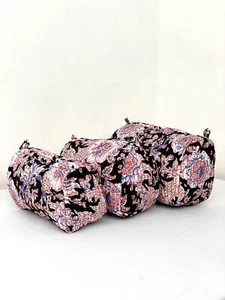 Cotton Quilted Toiletry Bags Floral Elegant Hand Block Women's Makeup Bag 3 Pcs. - Picture 1 of 9