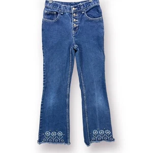 VTG 90s Y2K Flare Jeans Bell Bottoms Raw Hem Embroidered Girls 10 Snap Button - Picture 1 of 14