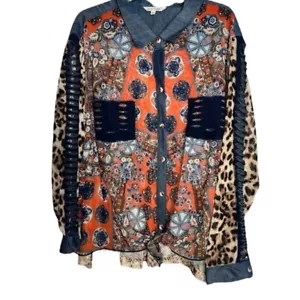 John Mark 3X Top Shirt Sheer Blouse Leopard Denim Tie Front Women’s Fall Shirt - Picture 1 of 8