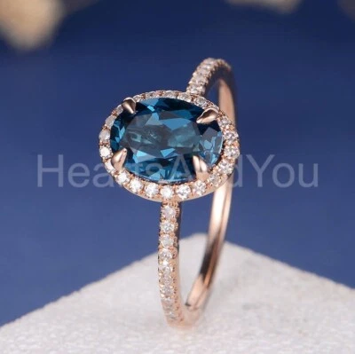 1.2ct Oval Natural London Blue Topaz & Diamond 100% 14k SOLID Rose Gold Ring - Image 1 of 4