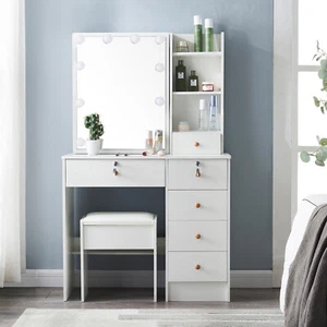 Elegant Makeup Vanity with Mirror 10 LED Lights, Vanity Makeup Table With Stools - Picture 1 of 9