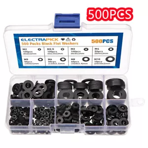 500 piezas Lavadoras planas de nailon sellado plano grueso Lavadoras de plástico negro forma M2-M10 - Imagen 1 de 8