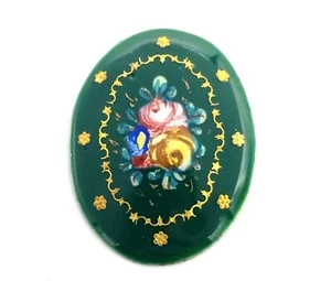  Antique Oval Hunter Green Enamel & Gold Flower Floral Design Plaque 20 mm #B70 - Picture 1 of 2