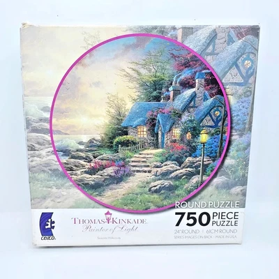 Rompecabezas redondo Thomas Kinkade Pintor of Light Seaside Hideaway 750 PC NUEVO Foto 1 de 2