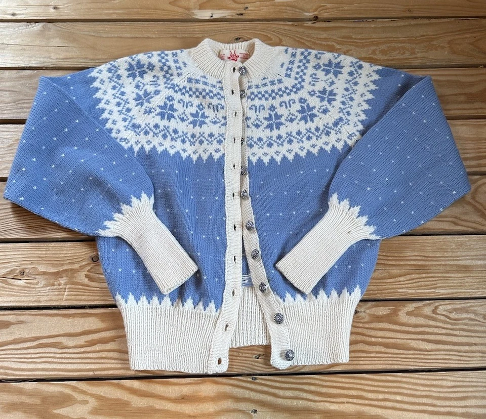 Cárdigan abotonado de lana hecho a mano vintage de Dinamarca para mujer talla M azul blanco B7 Foto 1 de 4