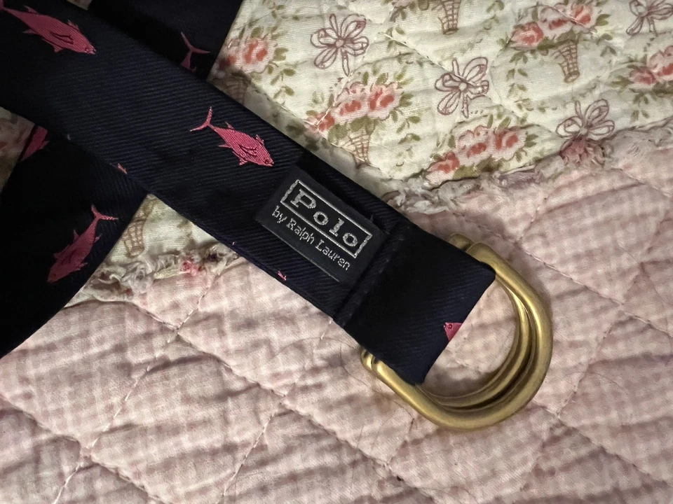 Cinto ajustável vintage polo Ralph Lauren anel D peixe rosa marinho  - Imagem 1 de 4