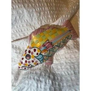 MacKenzie-Childs Ceramic Fish Knob 5in Colorful Checker Pink Pull Handle - Picture 1 of 3
