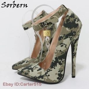 Zapatos de salón de camuflaje dedos puntiagudos candado bloqueable correa de tobillo fetiche 18 cm - Imagen 1 de 10