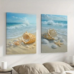 2pcs Ocean Waves & Seashell Coastal Minimalist Wall Art Canvas Unframed - Bild 1 von 6