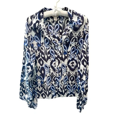 SUNDANCE | 100% Algodón Azul Negro Estampado Ikat Blusa Camisa | Grande Foto 1 de 4