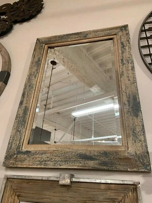 BOZEMAN 38" FARMHOUSE RUSTIC AGED BARN WOOD BEVELED WALL VANITY MIRROR 13829 - Image 1 of 4