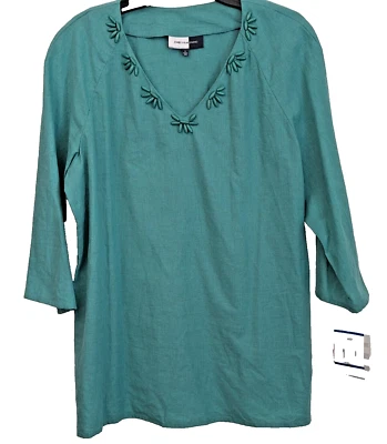Jones Wear Linen Top Womans XL Green Beaded V Neck Beaded Western Coastal NWT - Image 1 of 4