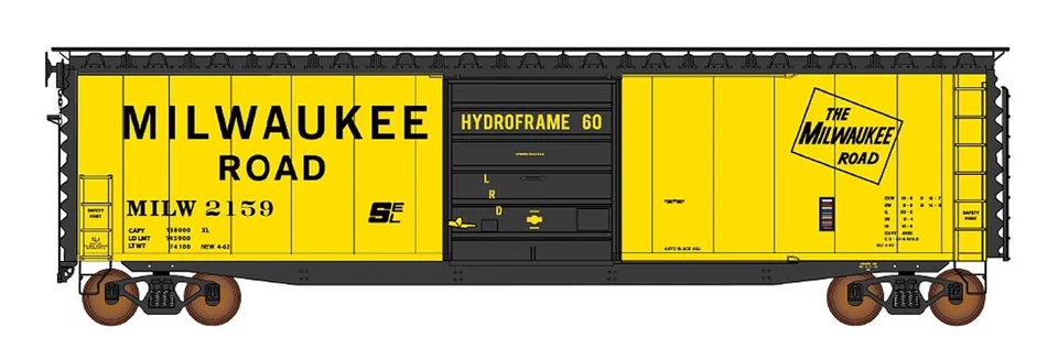 HO-MILWAUKEE ROAD-YELLOW 50' PS-1 SINGLE DOOR BOX CAR BY INTERMOUNTAIN RAILWAY. - Image 1 of 1