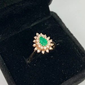 M&M 14k Diamond & Emerald Double Halo Yellow Gold Ring Size 6 - Picture 1 of 7