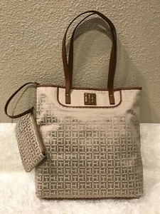 Tommy Hilfiger TH Logo Brown Beige Shopper Tote Shoulder Hand Bag - Picture 1 of 3