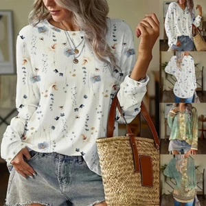 Womens Boho Floral Long Sleeve Tunic Tops Ladies Casual Loose T Shirt Blouse 14 - Picture 1 of 13