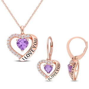 Amour Rose Silver Amethyst & Topaz Heart 'I Love You' Earrings Pendant Chain Set - Picture 1 of 6