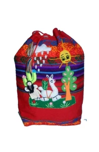 Peruvian Artisan 3D Embroidered Girl Llama Red Small Mini Backpack Knapsack - Picture 1 of 16