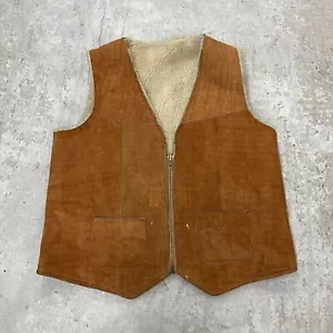 Vintage Vest Men 46 Brown Suede Leather Sherpa Lined Full Zip Western Work Rodeo - Picture 1 of 10