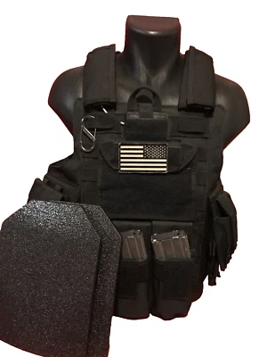GREEN2 TACTICAL Black Tactical Vest Plate carrier w/ 2 Curved 10x12 Plates