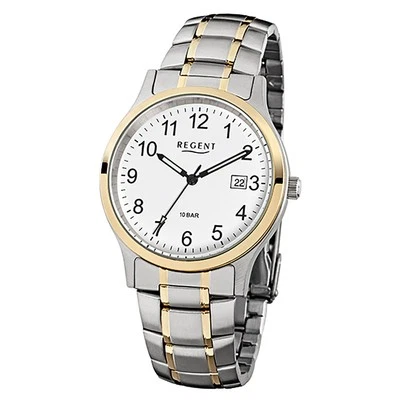 Regent Orologio da Polso Uomo Oro Argento Analogico F-777 Stahl-Armband URF777 - Immagine 1 di 4