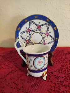 Limoges China gold trim Expresso cup and saucer. White with enamel blue. - Picture 1 of 18