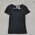 EMMA JAMES Knitted Blouse Women's S Black Scoop Neck w/ Bead & Sequins S/S*