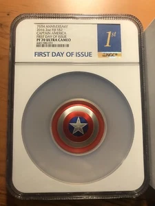 2016 Marvel CAPTAIN AMERICA SCUDO - 2 OZ. MONETA A FORMA DI CUPOLA - NGC PF70 PRIMO GIORNO - Foto 1 di 11