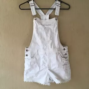 Vintage JORDACHE Denim BIB White Jean Shorts OVERALLS Distressed Size XL 14 16 - Picture 1 of 8
