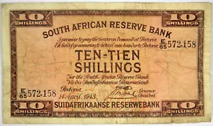 14 APRIL 1943 SOUTH AFRICAN RESERVE BANK 10 ~ E/65 P-82 ~ AFRICA TEN SHILLINGS! - Picture 1 of 2