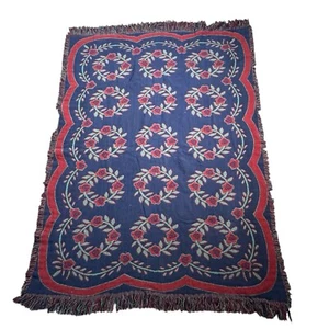 Vintage Woven Cotton Throw Blanket Blue Red Floral Reversible MWW 44” X 62” - Picture 1 of 6