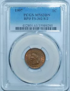 1907 PCGS MS63BN FS-302 S-2 RPD Repunched Date Indian Cent - Picture 1 of 3