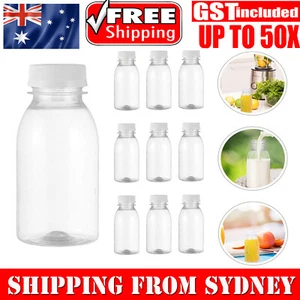 UP 50X 200ml Clear Plastic Juice Bottles with Caps Mini Shot Containers Milk AUS - Picture 1 of 15