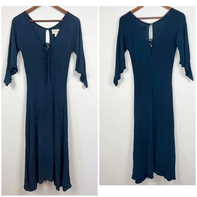 Maxi Vestido Cleobella Azul Boho Rayón S Mangas Acampanadas Con Cordones Delanteros Foto 1 de 4