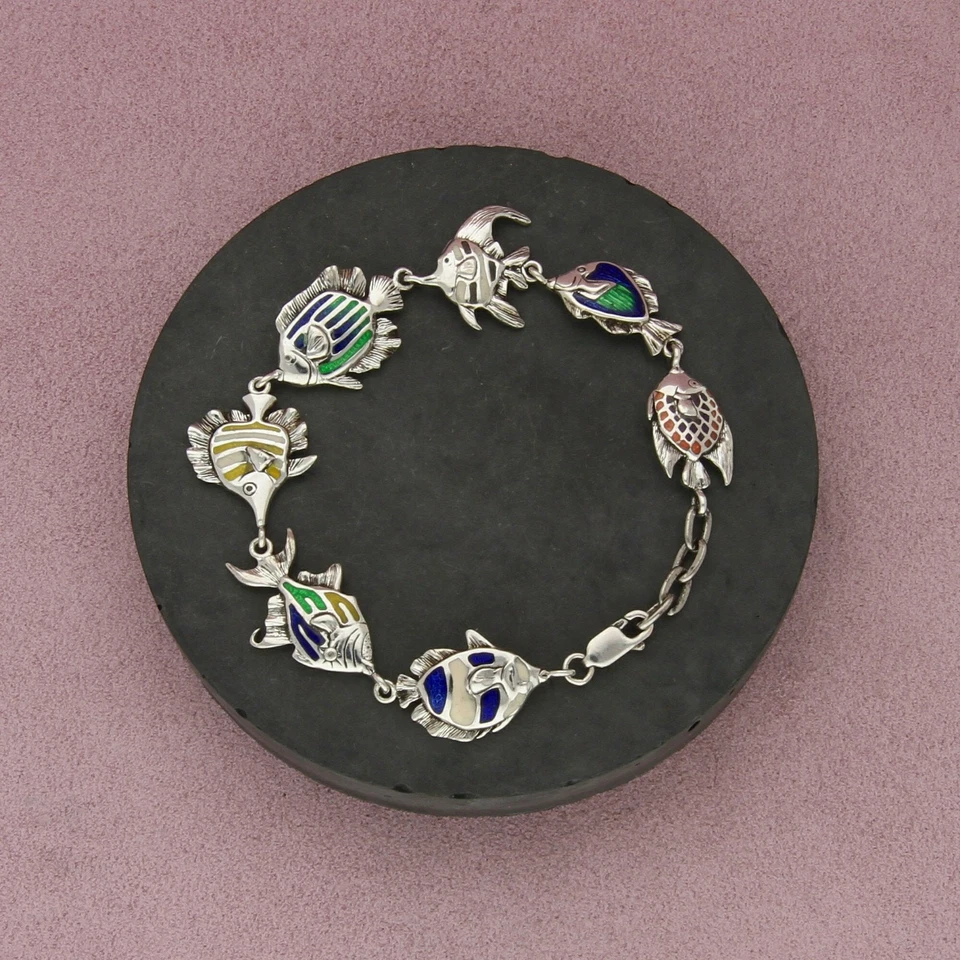 Pulsera Kabana plata esterlina vintage esmalte eslabones de pescado tamaño 7,5 pulgadas Foto 1 de 3