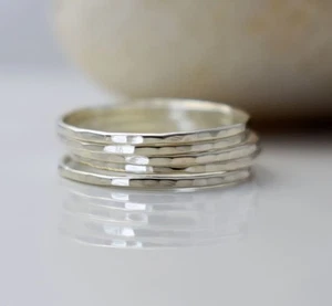 Solid 925 Sterling Silver Set Of 5 Statement Hammered Band Woman's Ring SS6 - Picture 1 of 6