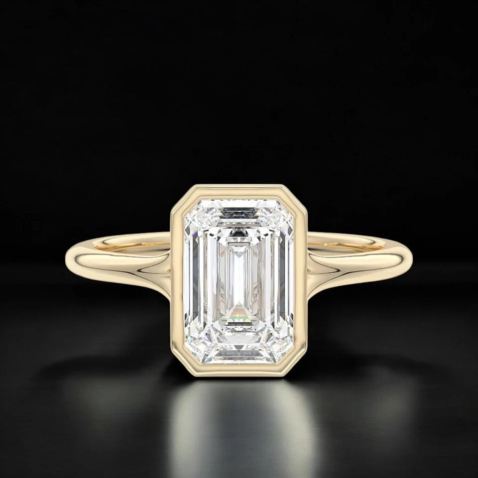 Engagement Ring Semi Mount Emerald Cut Setting 14k Yellow Gold Size  4 5 6 7 - Image 1 of 4