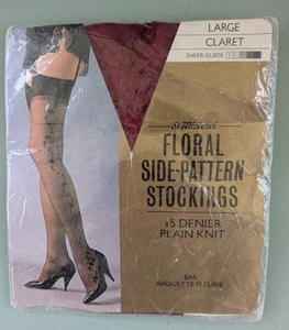 Vintage 1984 M&S Floral Side-Pattern Stockings Colour - Claret - Size Large - Picture 1 of 4