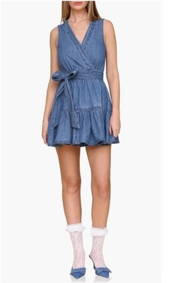 Avec Les Filles Tie Waist Wrap Women’s Denim Mini Dress Blue Size 10 Bow - image 1 of 4