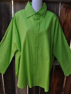 DILEMMA ART TO WEAR HAND WOVEN COTTON BIG SHIRT TRADITIONAL COLLAR IN LIME GREEN - Picture 1 of 4