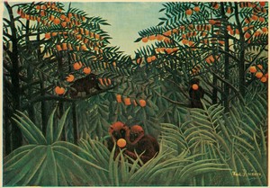 The Tropics by Henri Rousseau (Medici Society postcard) Monkeys. Orange trees