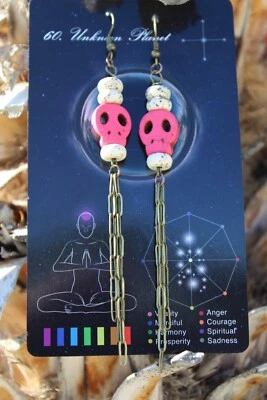 Handmade Earrings-Dyed Magnesite Skulls (Pink), Magnesite, Antique Bronze  - Image 1 of 2