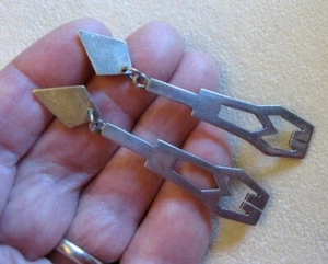 Modernist Sterling Mexico Pierced Earrings w/ Long Slim Angled Dangles  - Picture 1 of 7