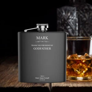 Personalised Engraved Godfather hip flask gift idea, black coated stainless - Picture 1 of 3